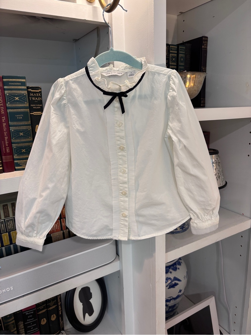 Janie and Jack White Ruffle-Collar Button Front Blouse with Black Bow